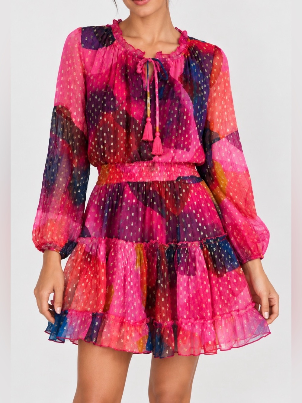 Oliphant Pink Multicolor Metallic Tiered Mini Dress Size Small
